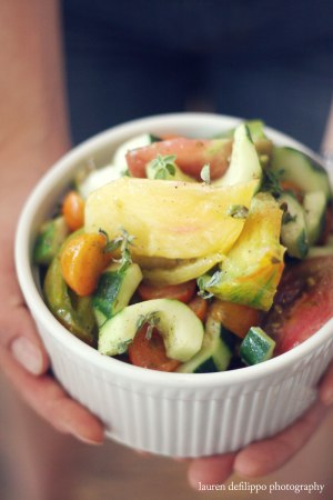 Heirloom tomato and cucumber salad with fresh oregano and red wine vinaigrette